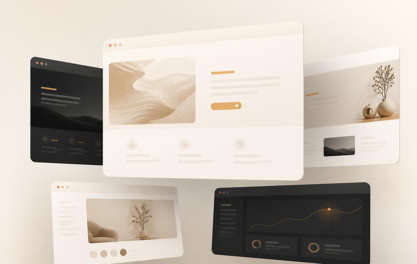 Modern website mockups floating in a warm studio setting